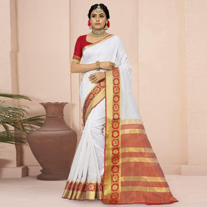 White Solid With Woven Border Poly Cotton Saree - Peachmode