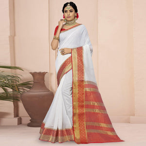 White Solid With Woven Border Poly Cotton Saree - Peachmode