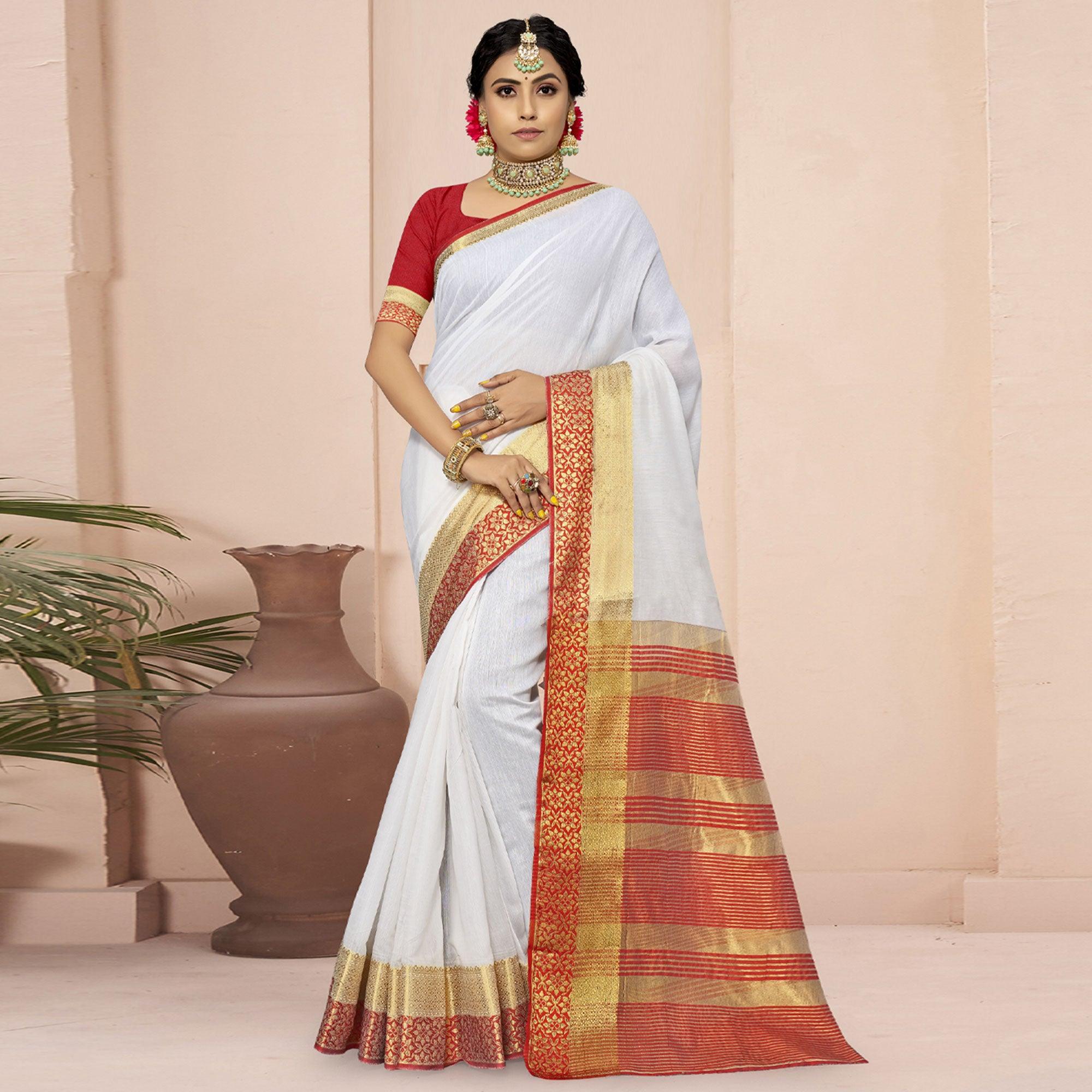 White Solid With Woven Border Poly Cotton Saree - Peachmode