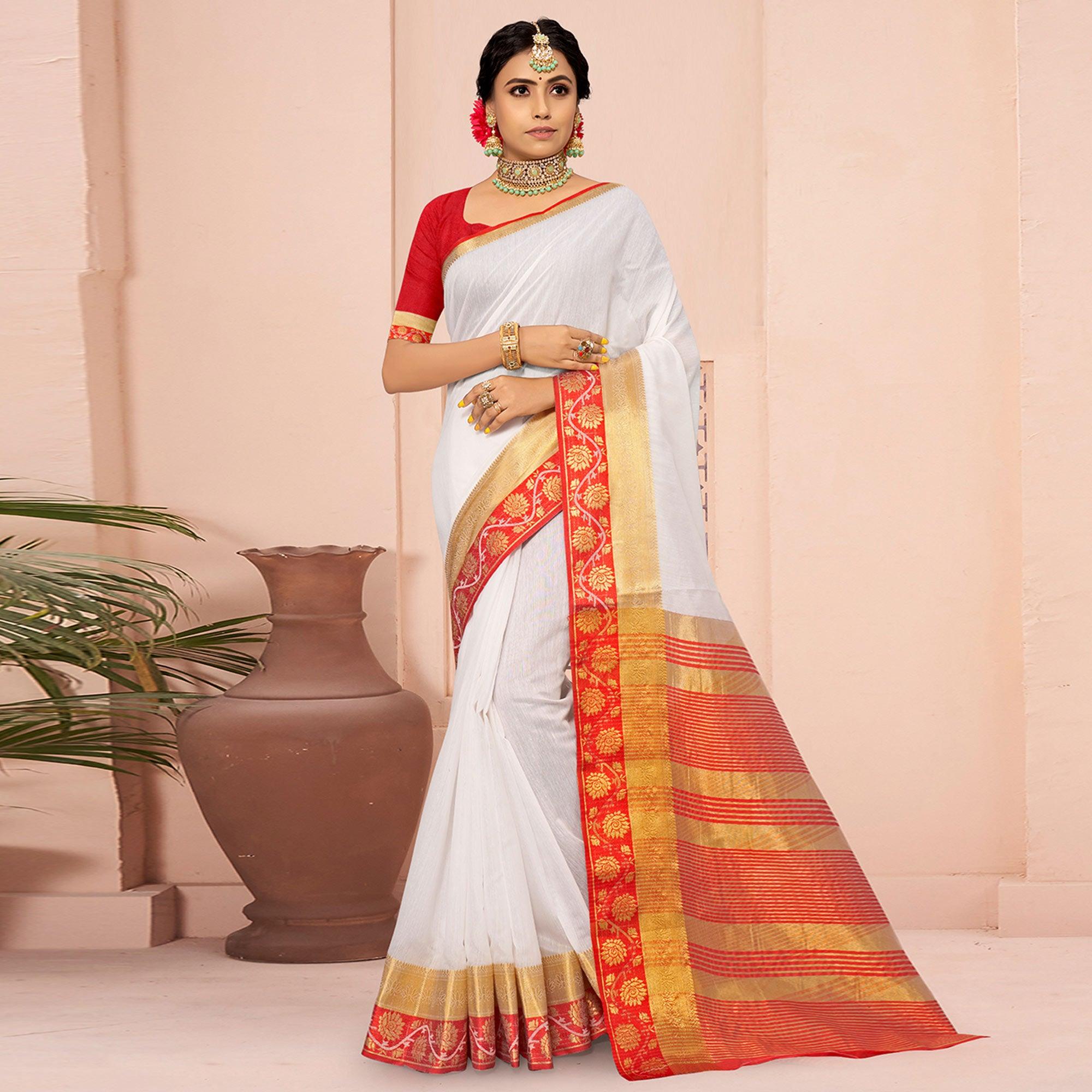 White Solid With Woven Border Poly Cotton Saree - Peachmode