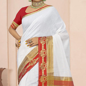 White Solid With Woven Border Poly Cotton Saree - Peachmode