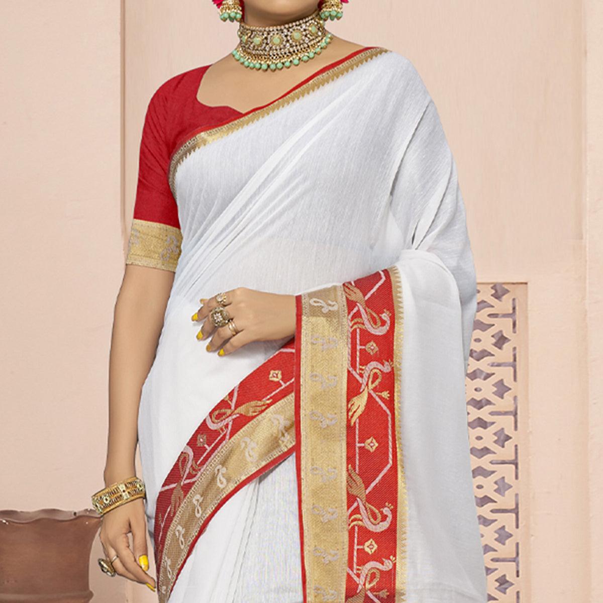 White Solid With Woven Border Poly Cotton Saree - Peachmode