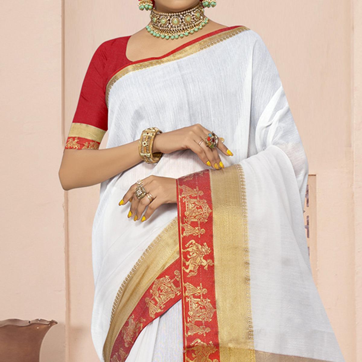 White Solid With Woven Border Poly Cotton Saree - Peachmode