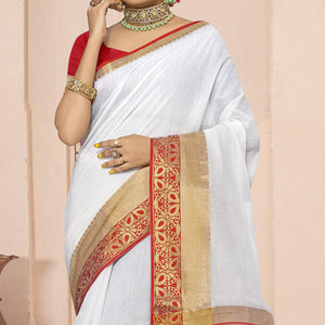 White Solid With Woven Border Poly Cotton Saree - Peachmode