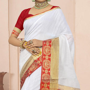 White Solid With Woven Border Poly Cotton Saree - Peachmode