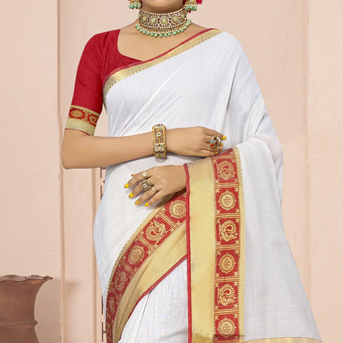 White Solid With Woven Border Poly Cotton Saree - Peachmode