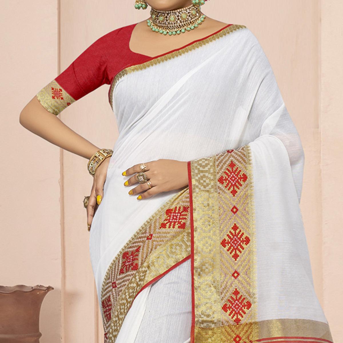 White Solid With Woven Border Poly Cotton Saree - Peachmode
