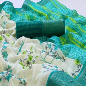 White-Teal Blue Festive Wear Floral Printed Woven Border Cotton Saree - Peachmode