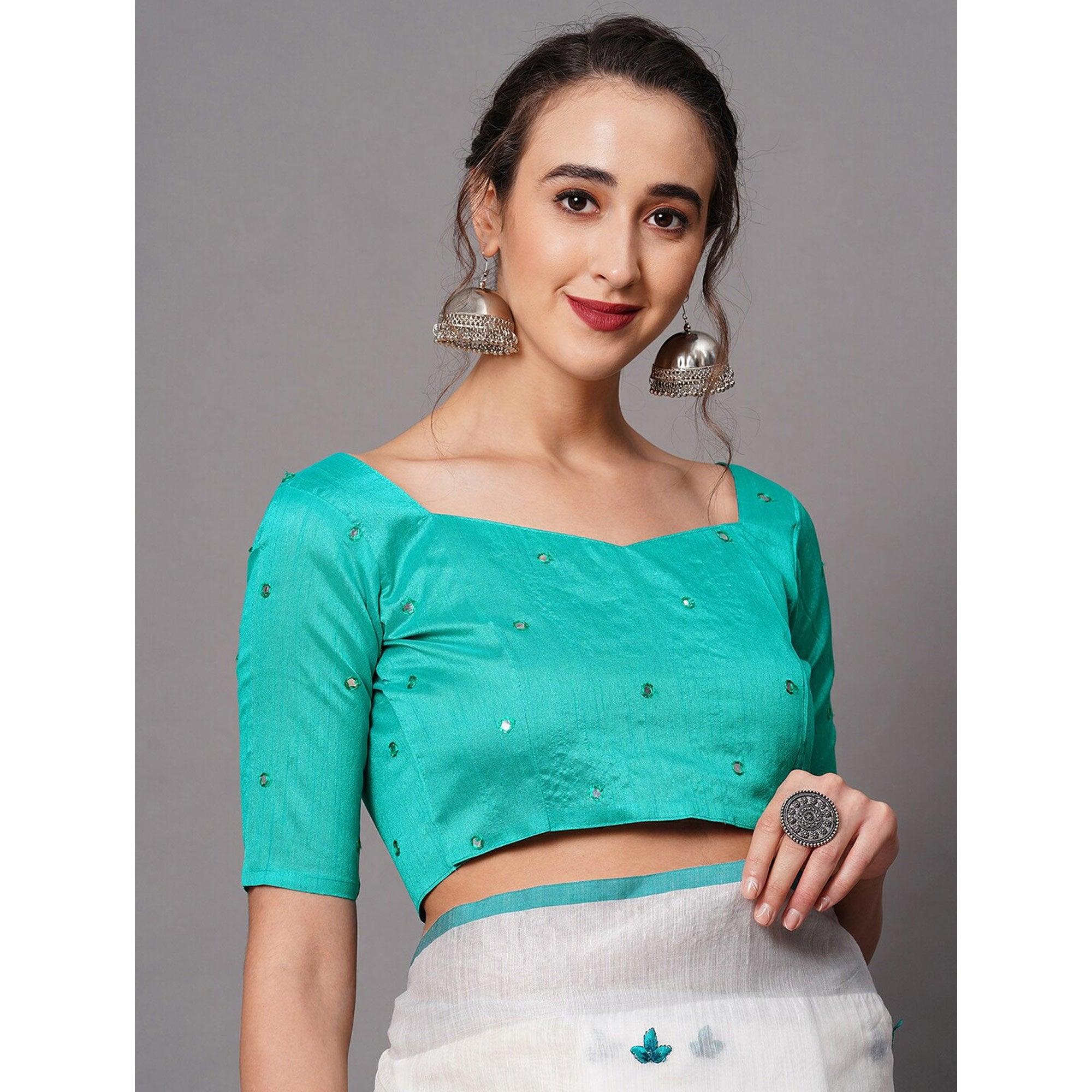 White - Turquoise Casual Wear Embroidered Linen Saree With Tassels - Peachmode