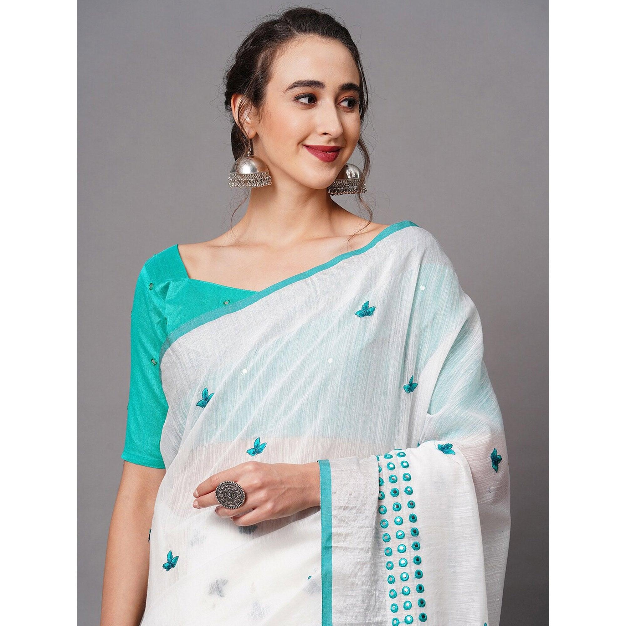 White - Turquoise Casual Wear Embroidered Linen Saree With Tassels - Peachmode