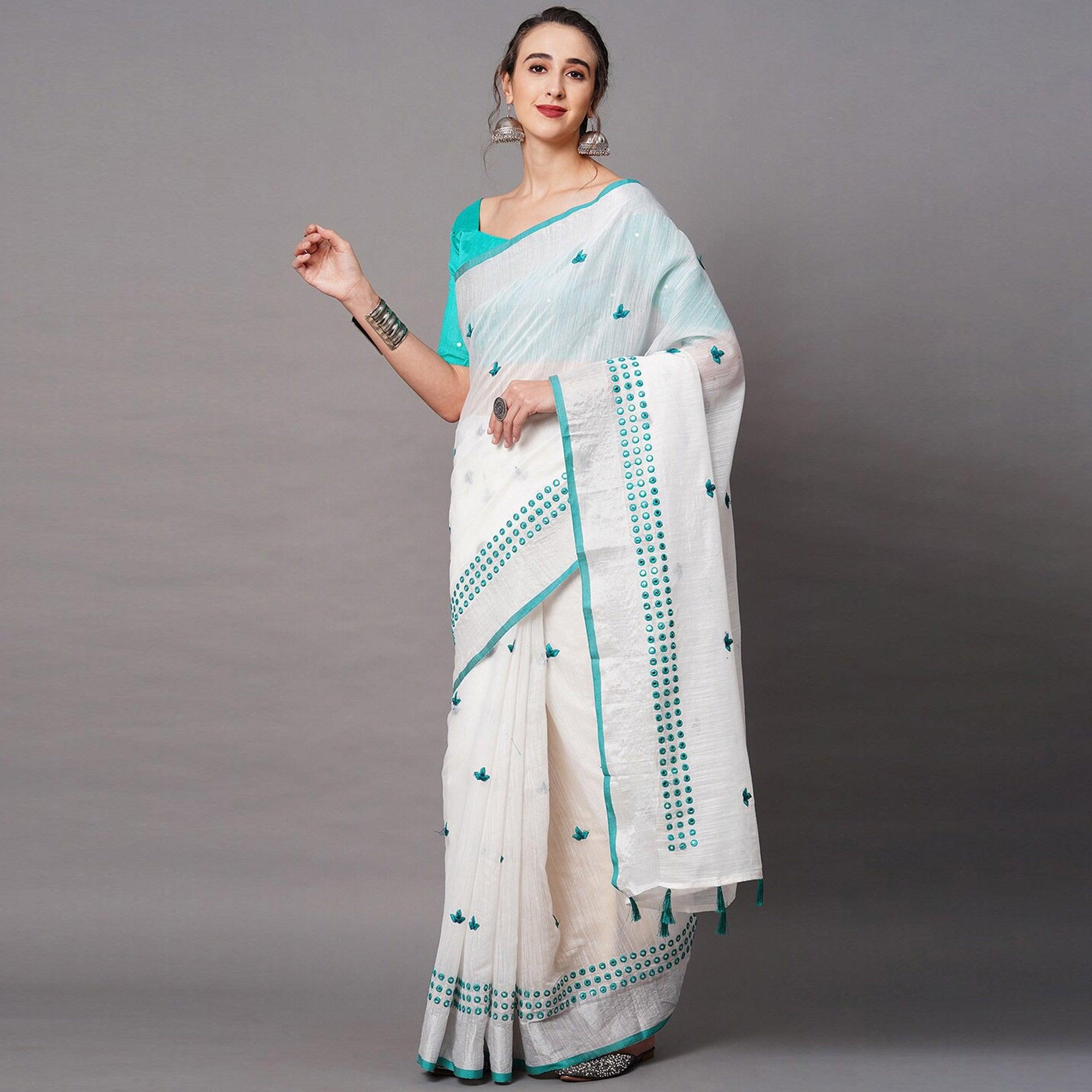 White - Turquoise Casual Wear Embroidered Linen Saree With Tassels - Peachmode