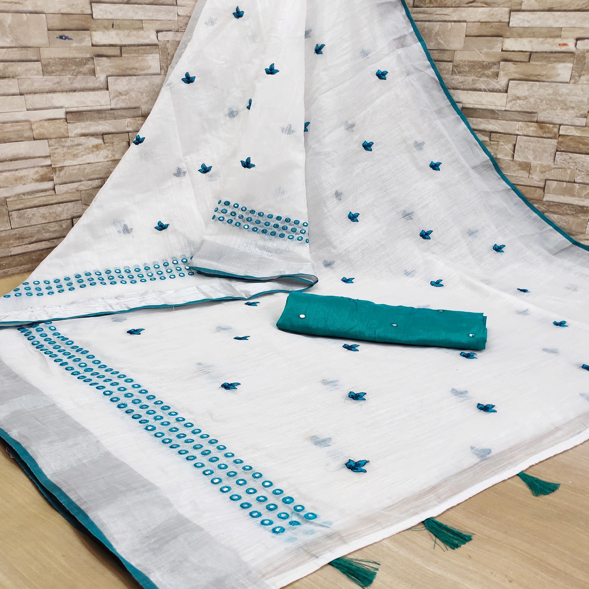 White - Turquoise Casual Wear Embroidered Linen Saree With Tassels - Peachmode