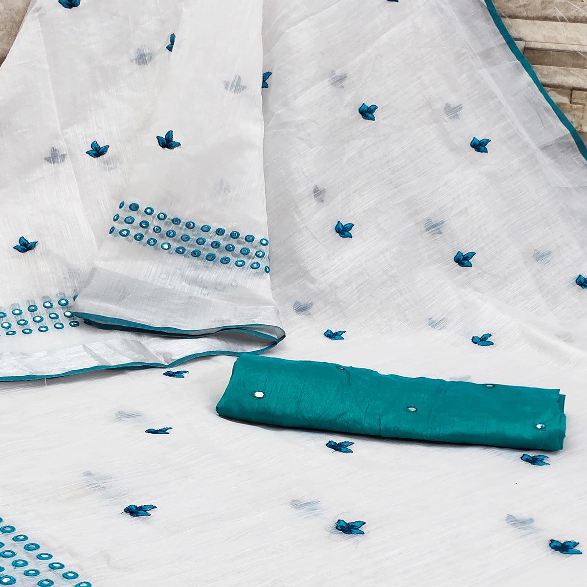 White - Turquoise Casual Wear Embroidered Linen Saree With Tassels - Peachmode