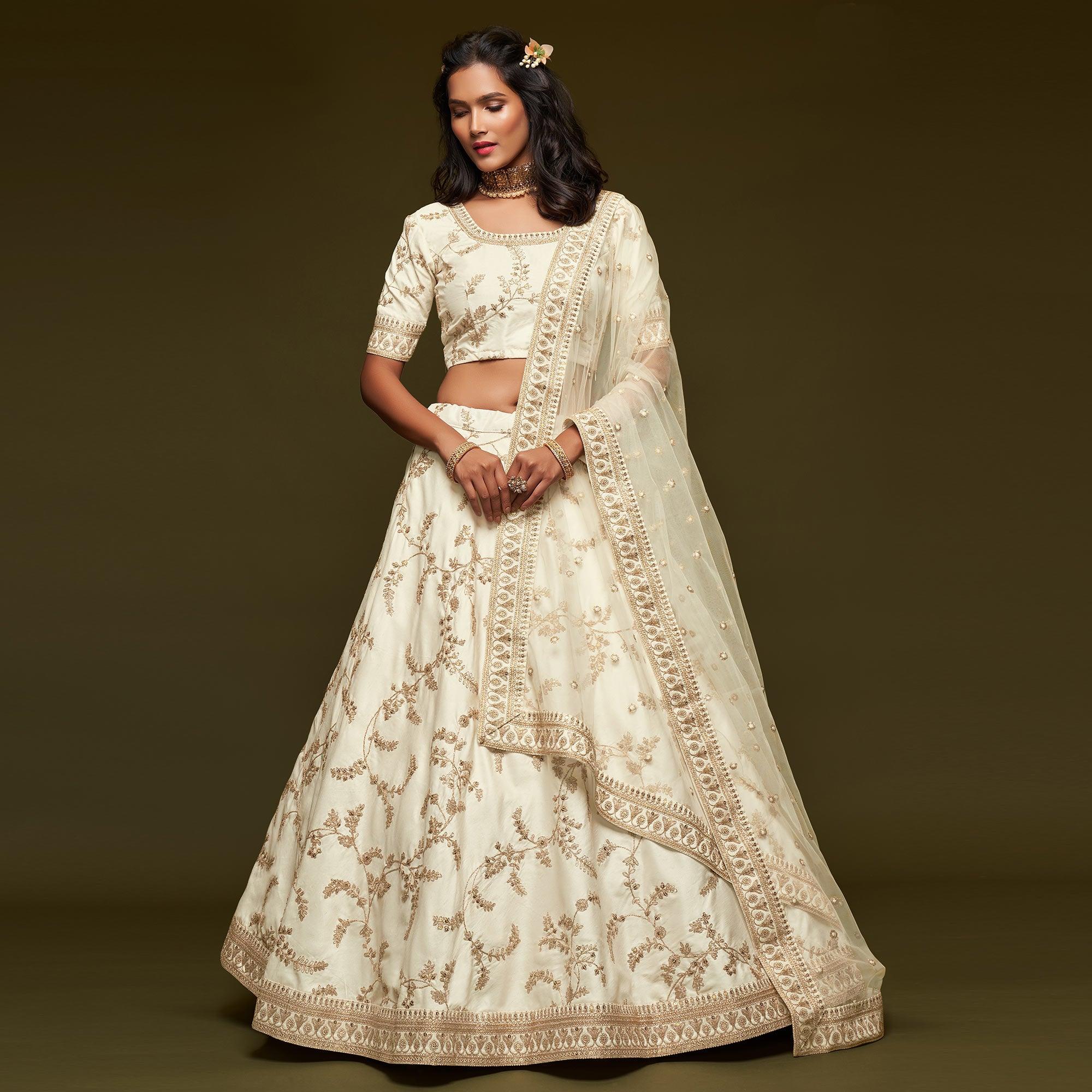 White Wedding Floral Sequins Embroidered Art Silk Lehenga Choli - Peachmode