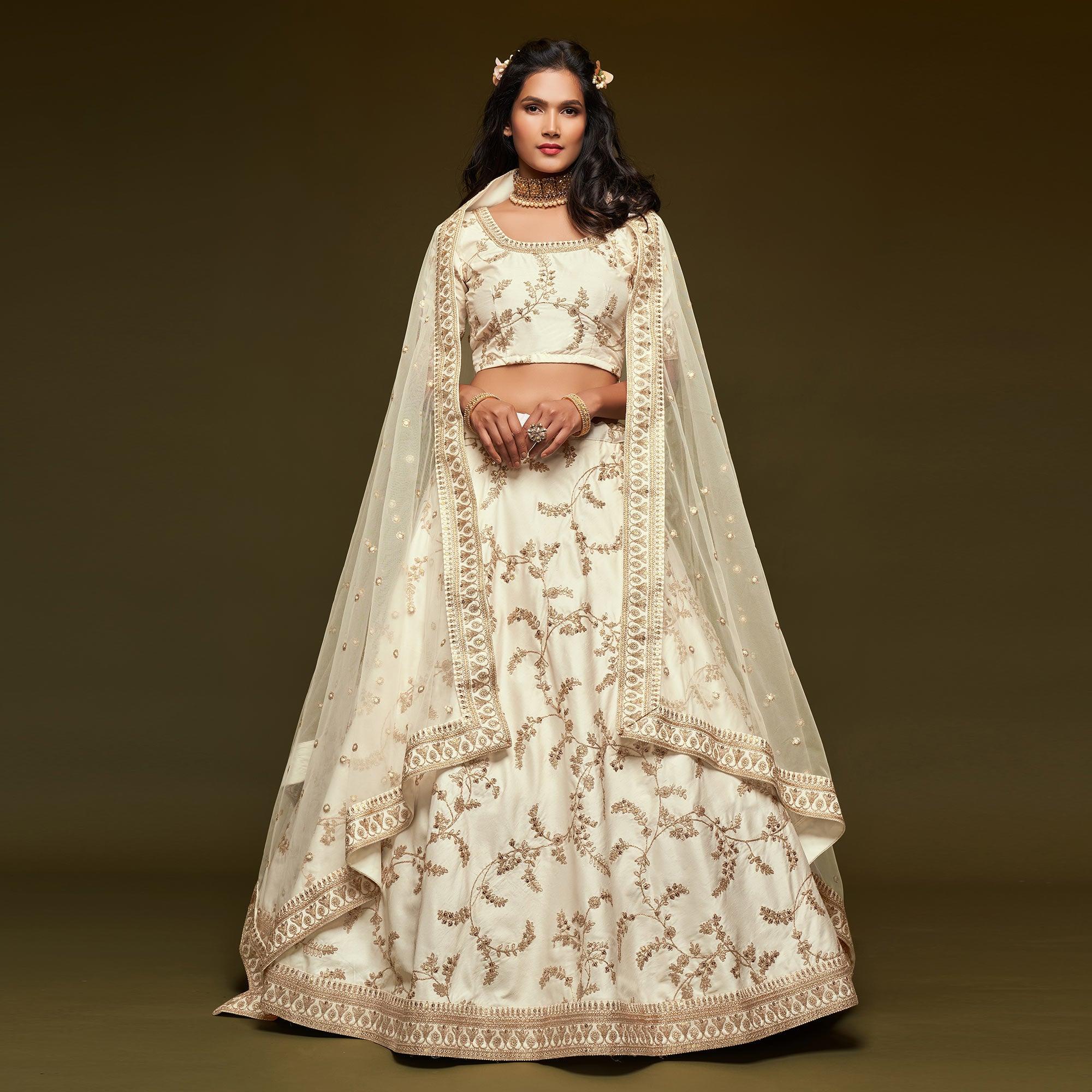 White Wedding Floral Sequins Embroidered Art Silk Lehenga Choli - Peachmode