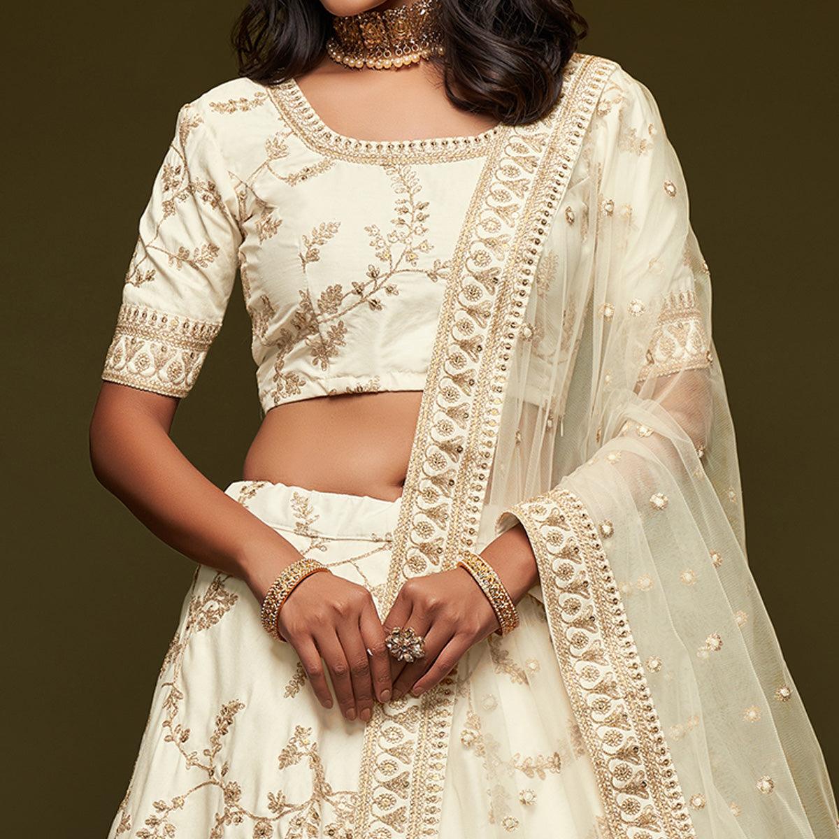 White Wedding Floral Sequins Embroidered Art Silk Lehenga Choli - Peachmode