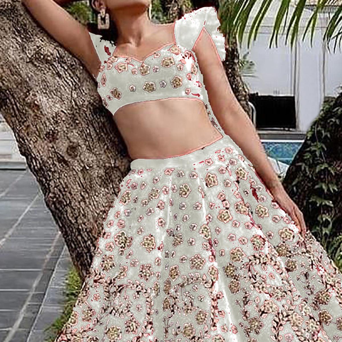 White Wedding Wear Floral Embroidery With Dori Work Velvet Lehenga Choli - Peachmode