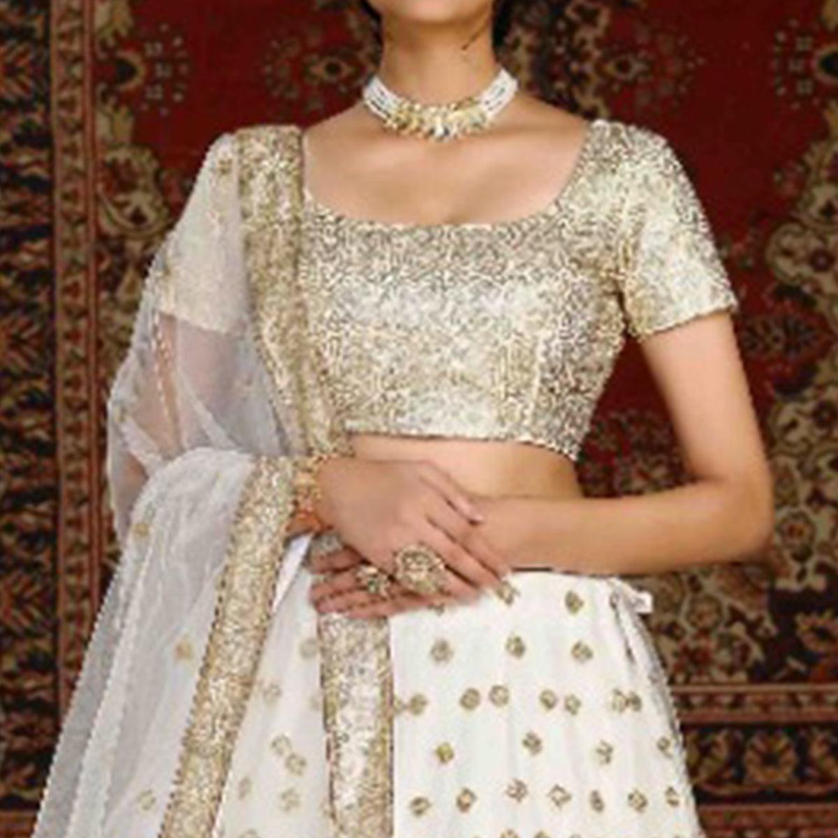 White Wedding Wear Sequence Embroidered Net Lehenga Choli - Peachmode