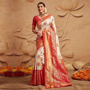 White Woven Cotton Silk Saree - Peachmode