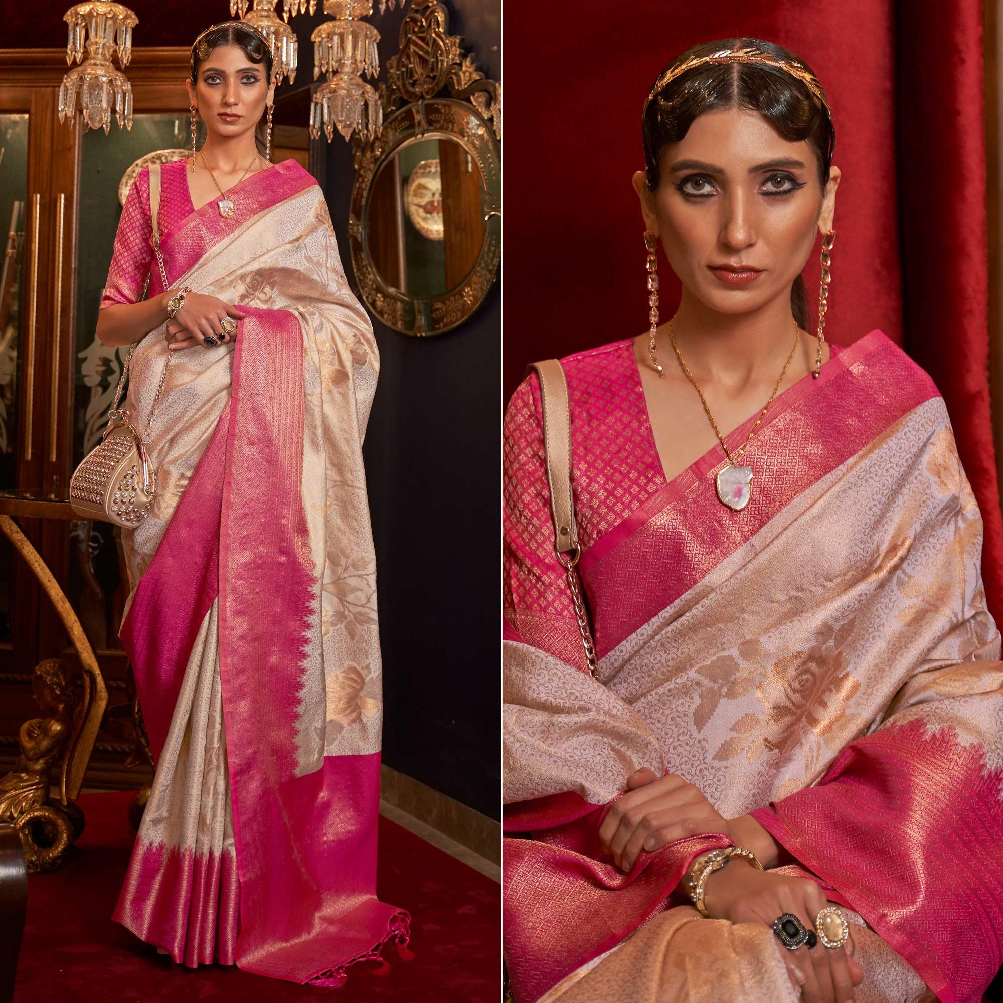 White Woven Pure Silk Saree With Tassels - Peachmode