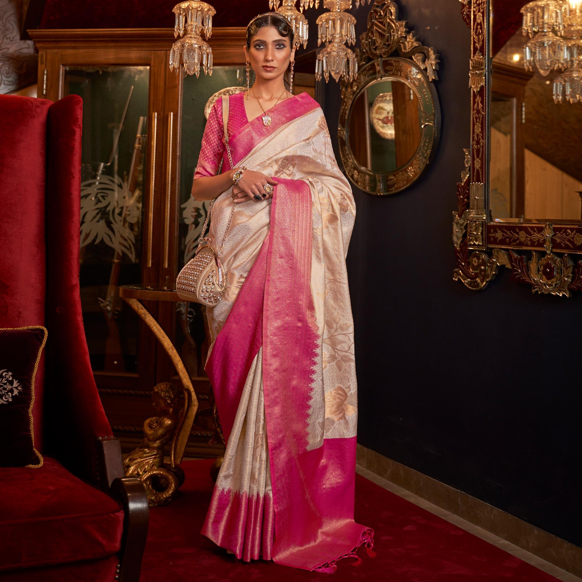 White Woven Pure Silk Saree With Tassels - Peachmode