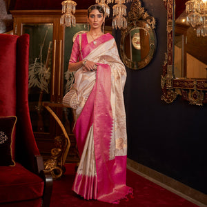 White Woven Pure Silk Saree With Tassels - Peachmode