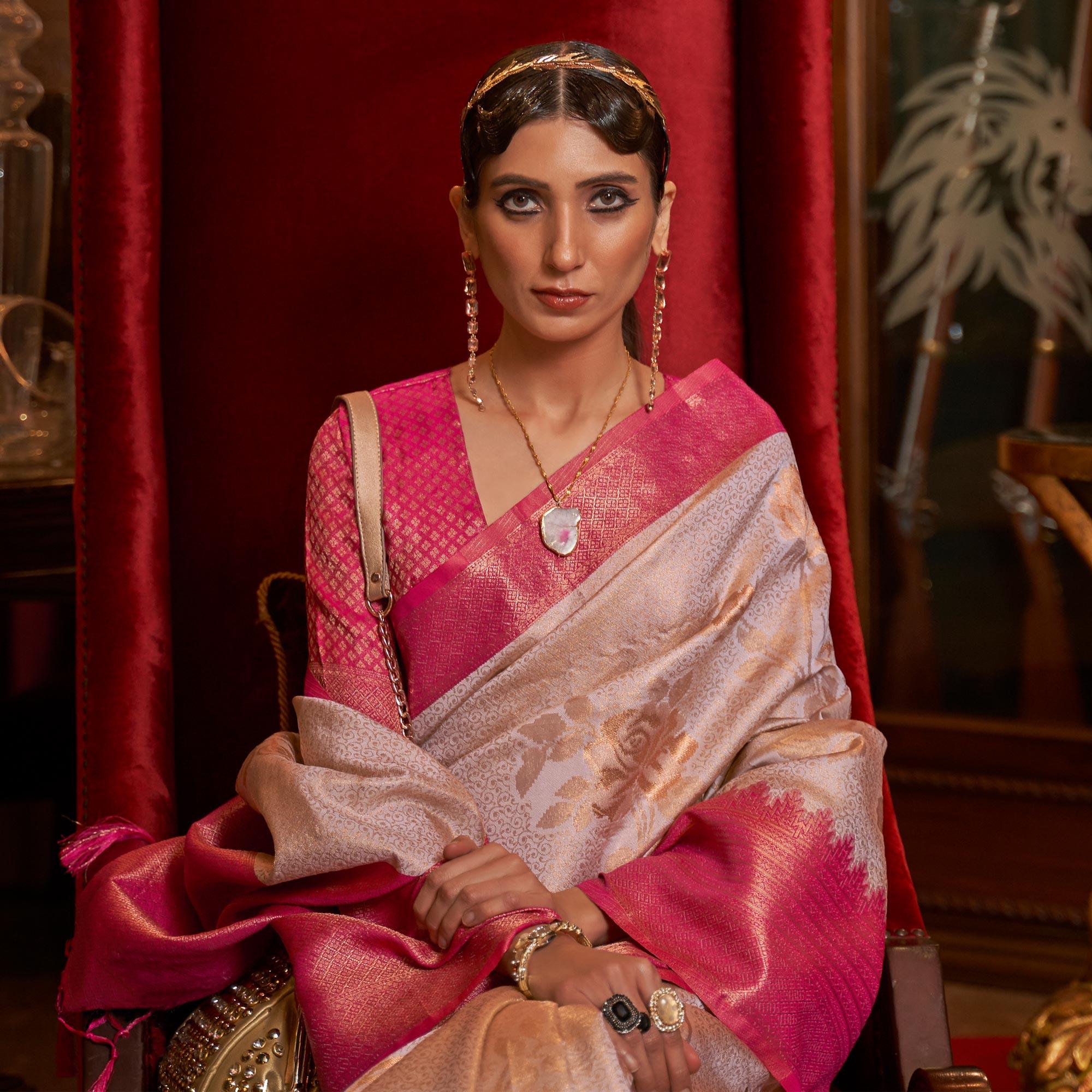 White Woven Pure Silk Saree With Tassels - Peachmode