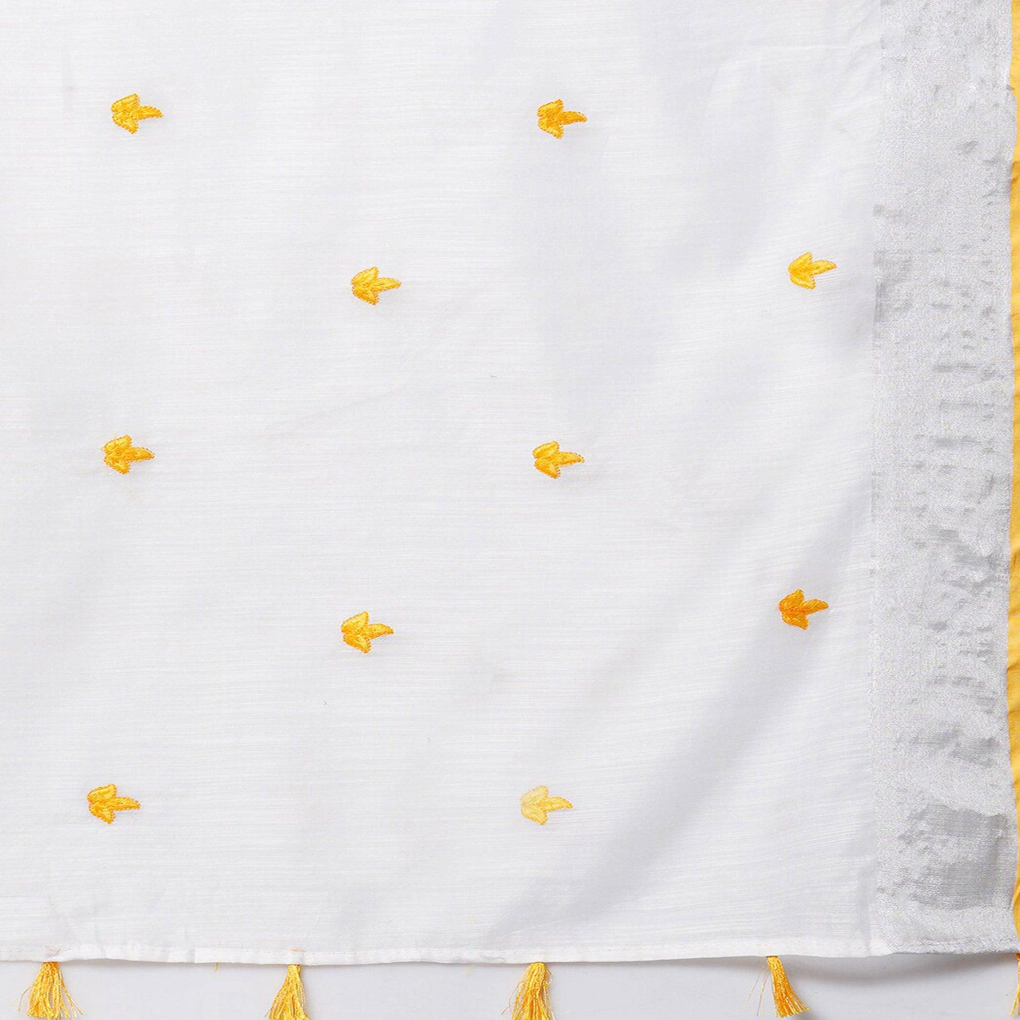 White - Yellow Casual Wear Embroidered Linen Saree With Tassels - Peachmode