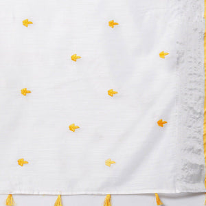 White - Yellow Casual Wear Embroidered Linen Saree With Tassels - Peachmode
