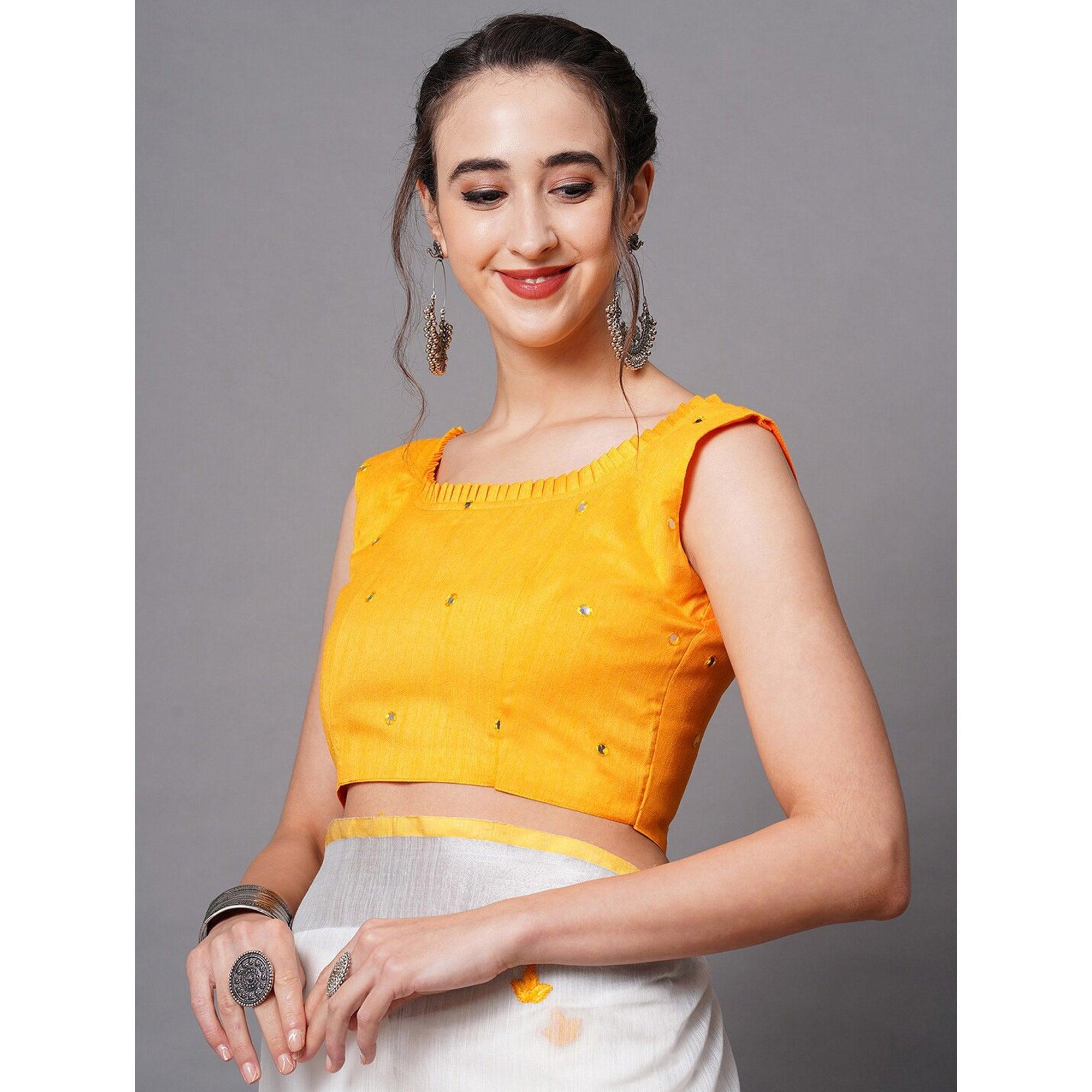 White - Yellow Casual Wear Embroidered Linen Saree With Tassels - Peachmode