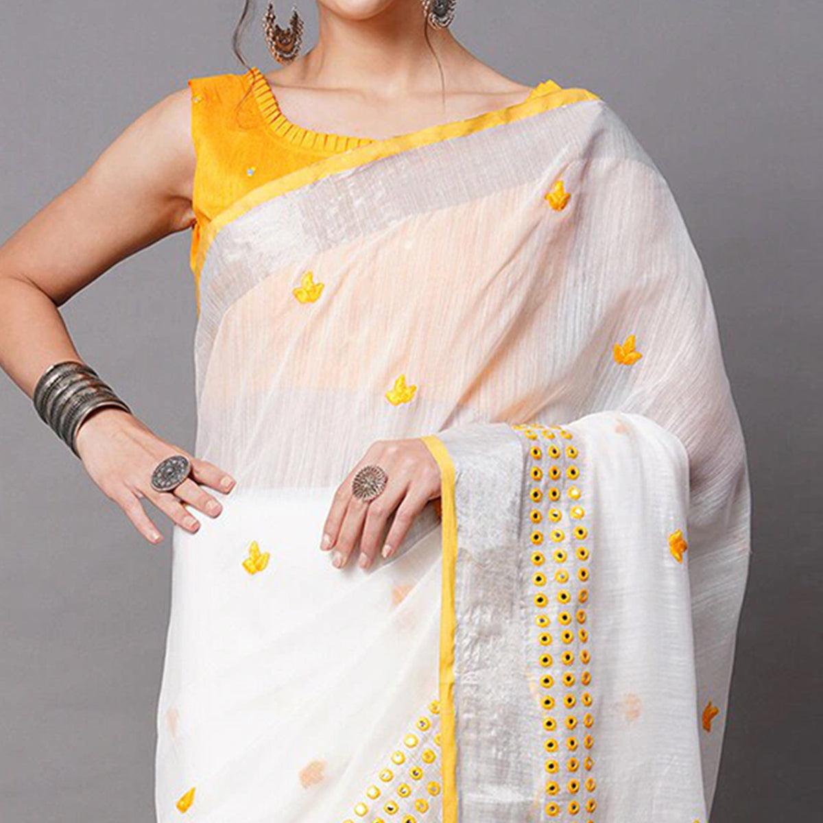 White - Yellow Casual Wear Embroidered Linen Saree With Tassels - Peachmode