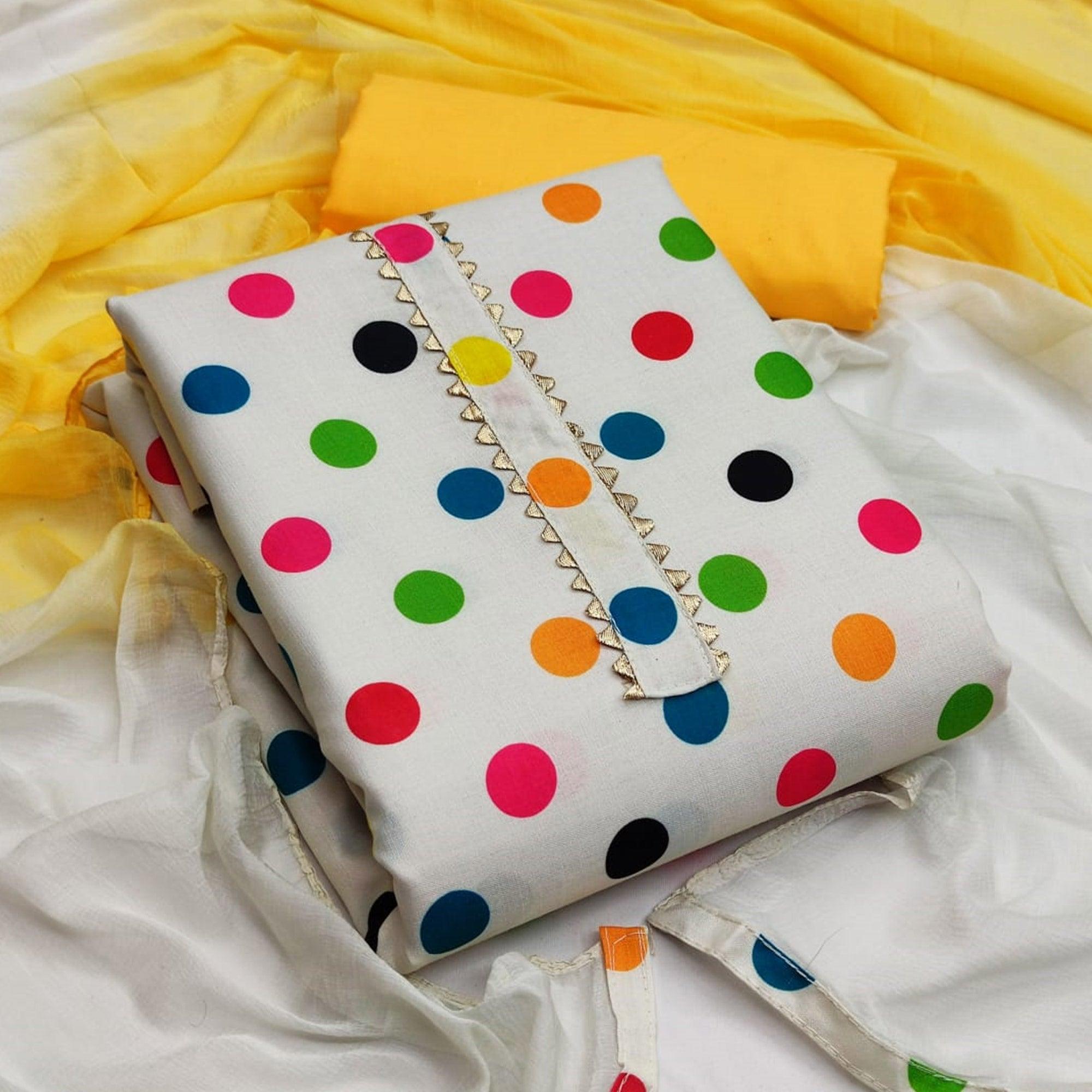 White-Yellow Casual Wear Polka Digital Printed Cotton Dress Material - Peachmode