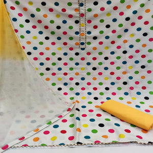 White-Yellow Casual Wear Polka Digital Printed Cotton Dress Material - Peachmode