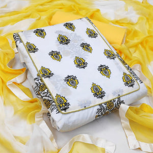 White - Yellow Casual Wear Printed Cotton Dress Material - Peachmode