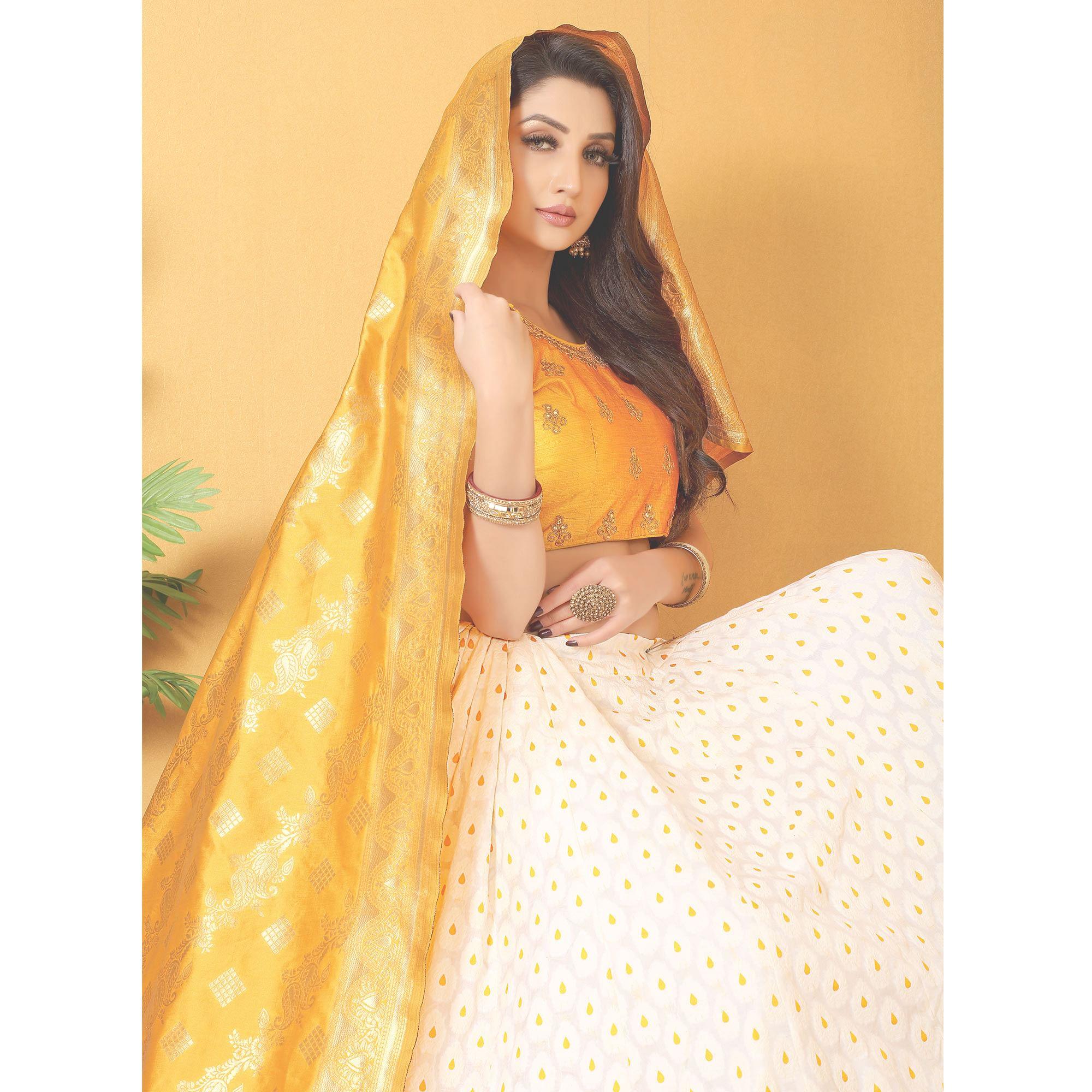White-Yellow Meenakari Woven Banarasi Silk Lehenga Choli - Peachmode