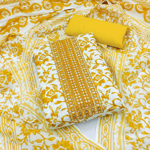 White-Yellow Printed With Embroidered Cotton Blend Dress Material - Peachmode