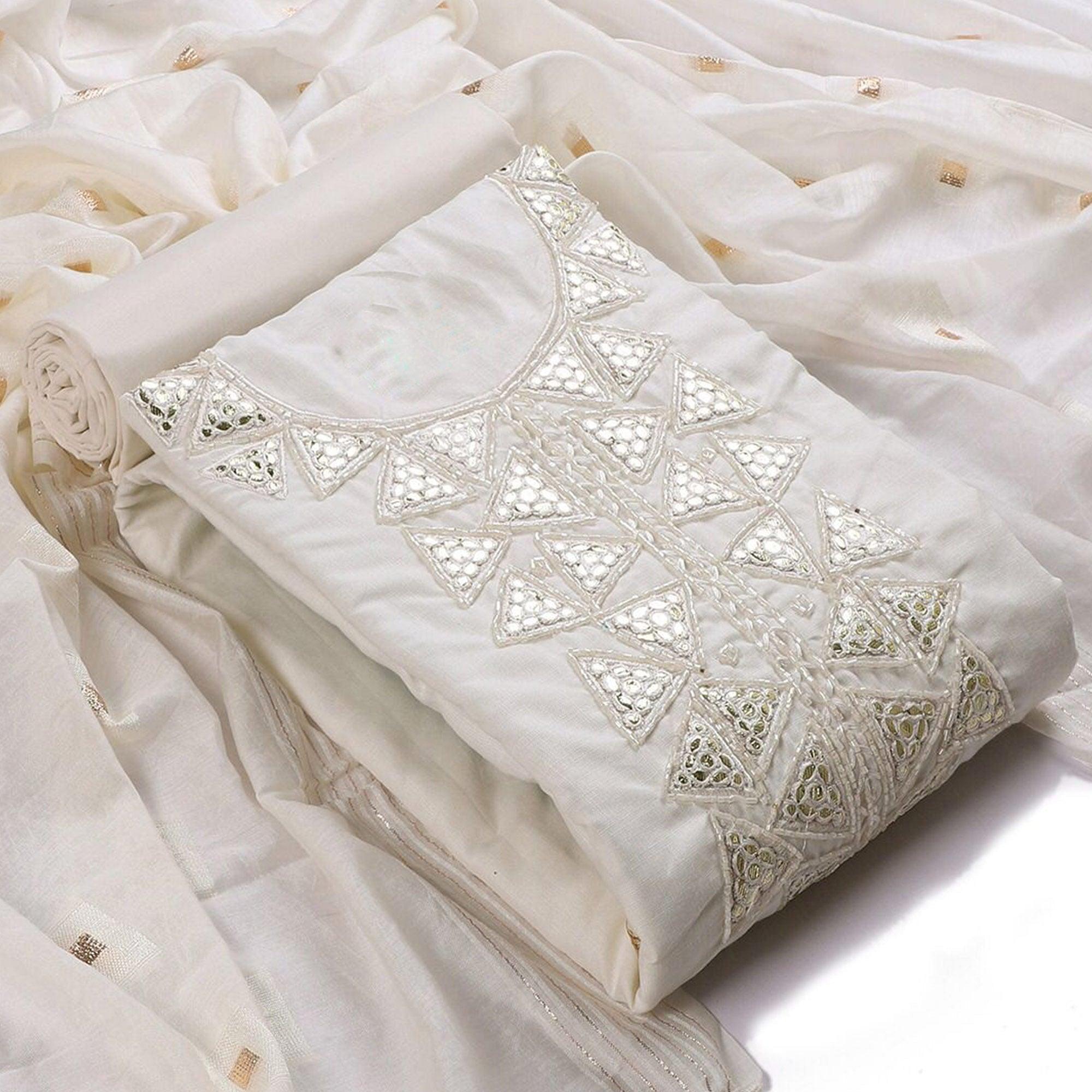 White Zardosi Embroidered Cotton Dress Material - Peachmode