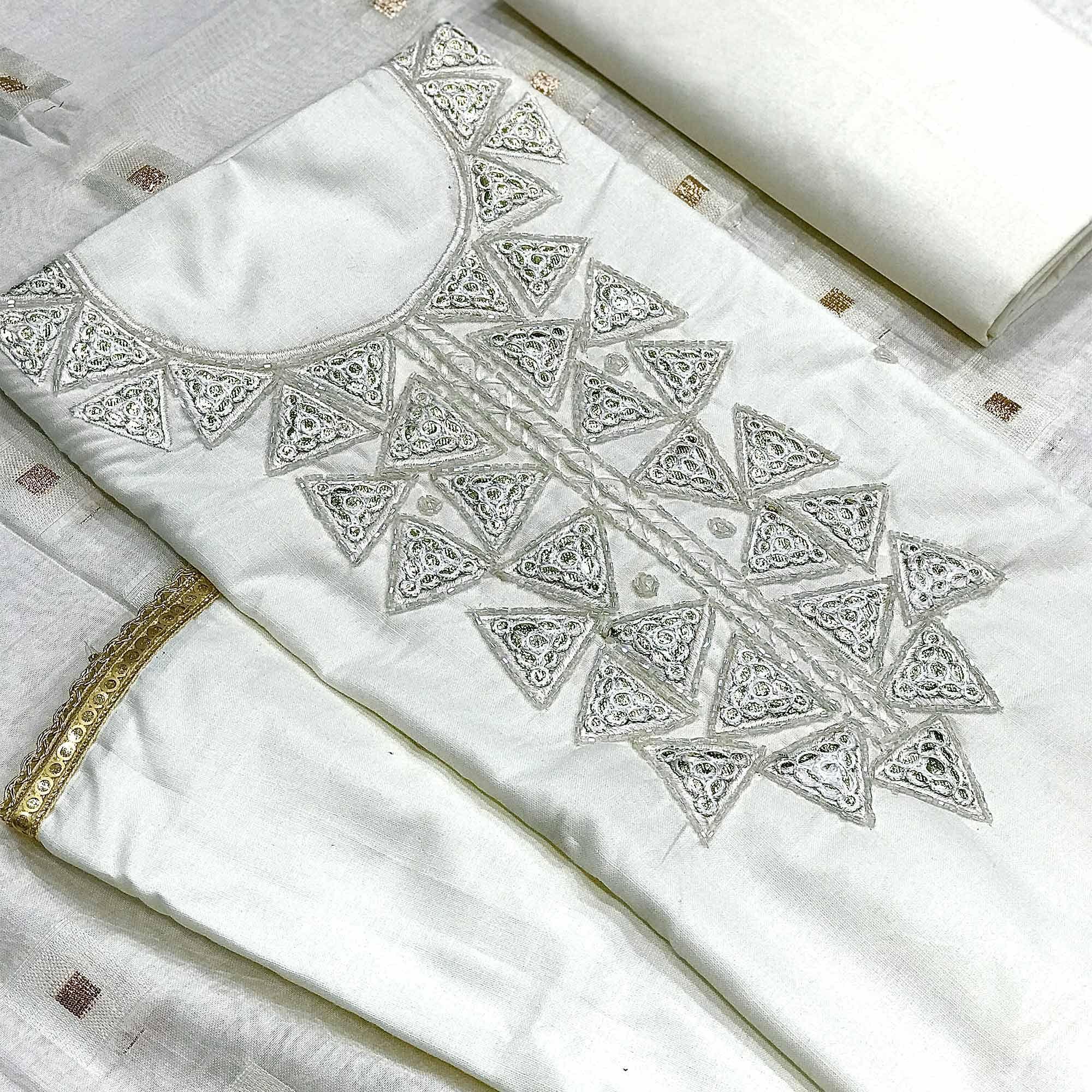 White Zardosi Embroidered Cotton Dress Material - Peachmode