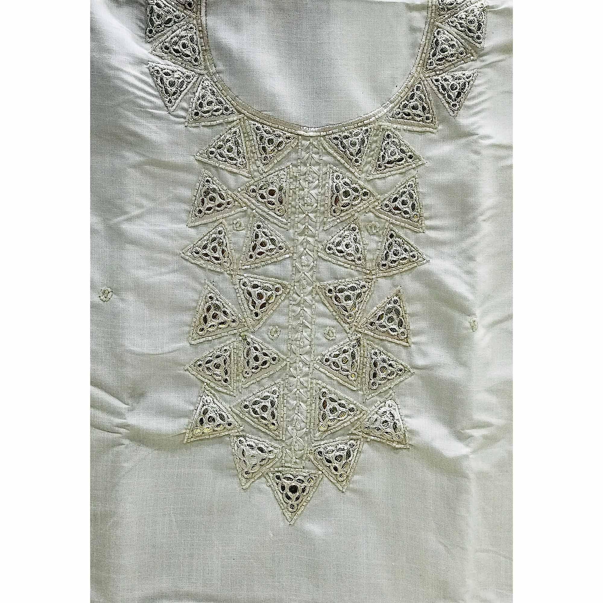 White Zardosi Embroidered Cotton Dress Material - Peachmode