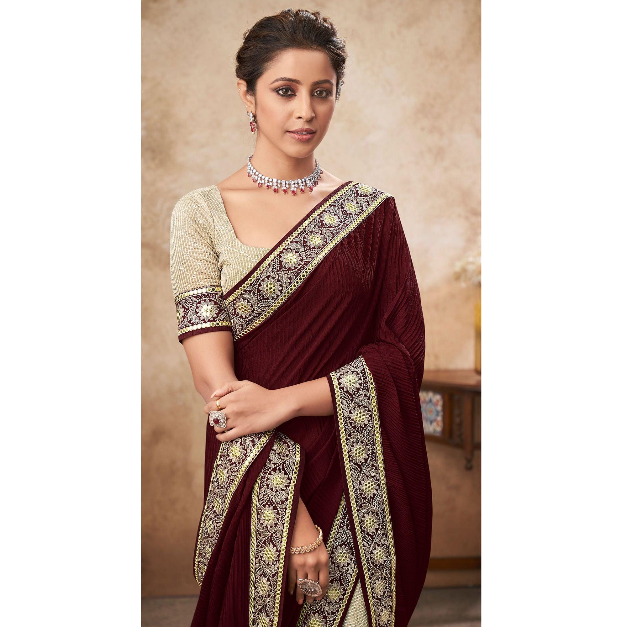 Wine & Beige Sequence Embroidered Chiffon Half & Half Saree - Peachmode