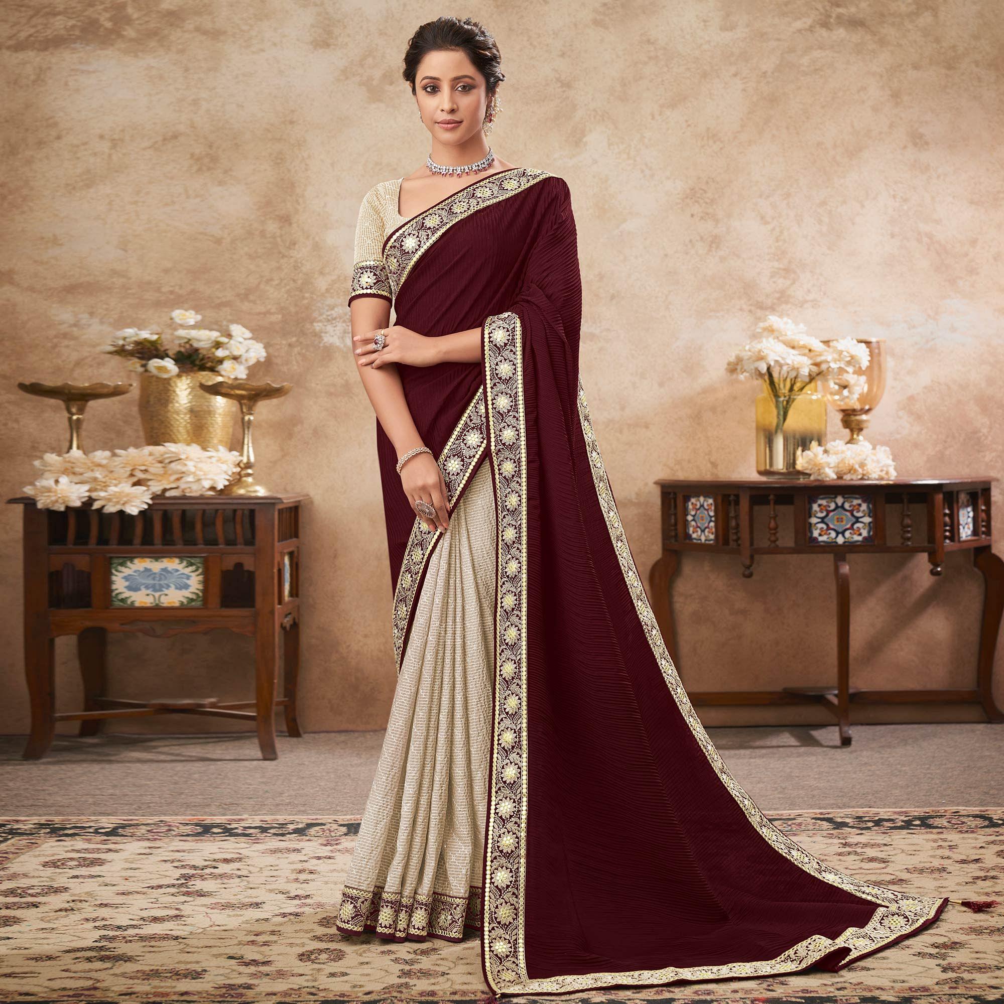 Wine & Beige Sequence Embroidered Chiffon Half & Half Saree - Peachmode