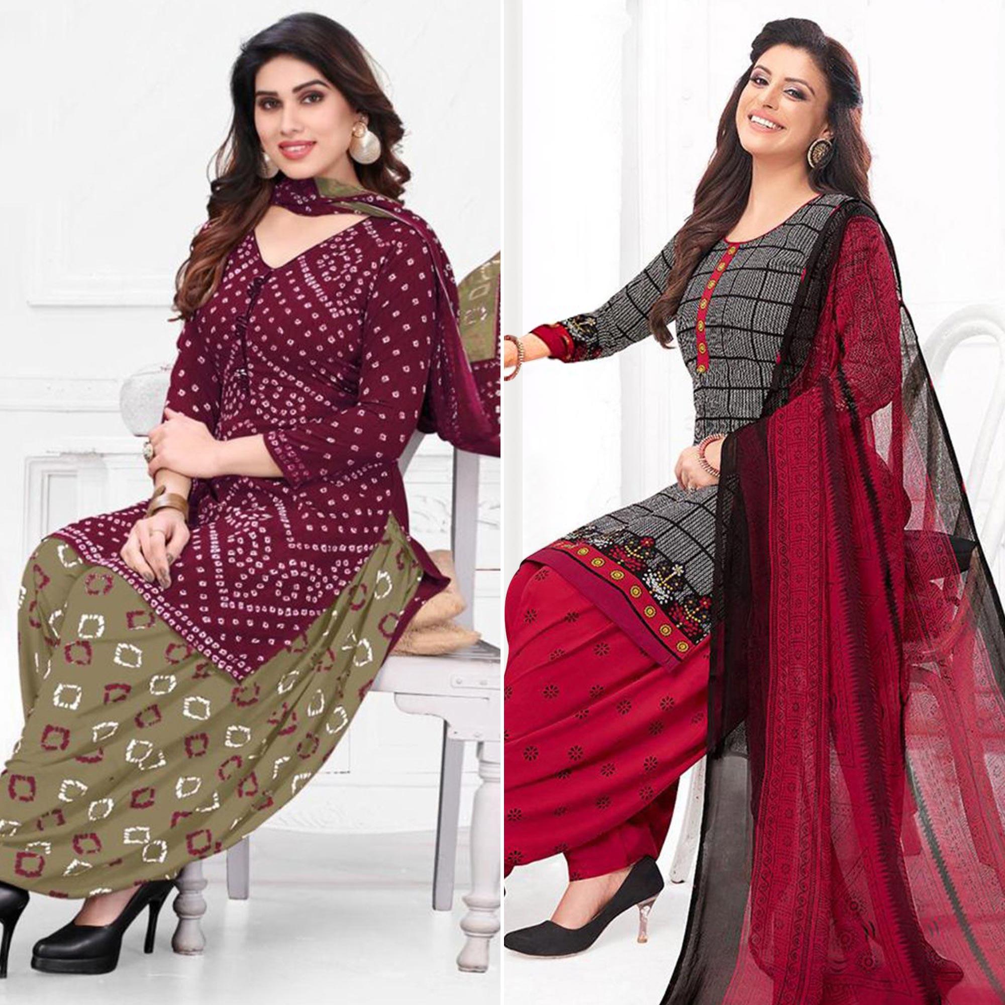 Wine And Grey Patiala Crepe Dress Material Pack Of 2 - Peachmode