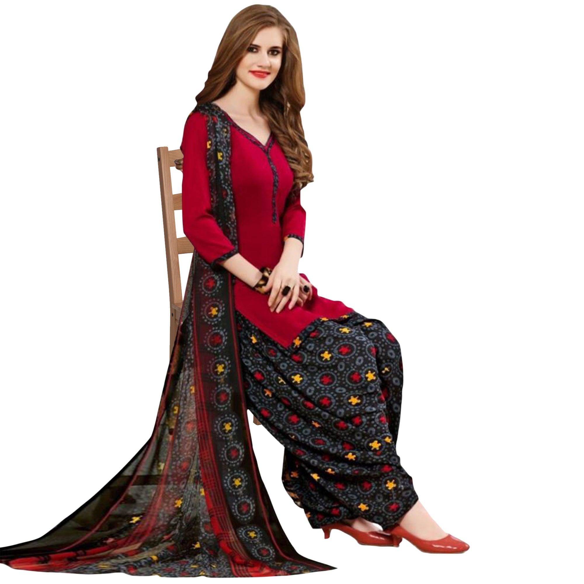 Wine And Red Patiala Crepe Dress Material Pack Of 2 - Peachmode
