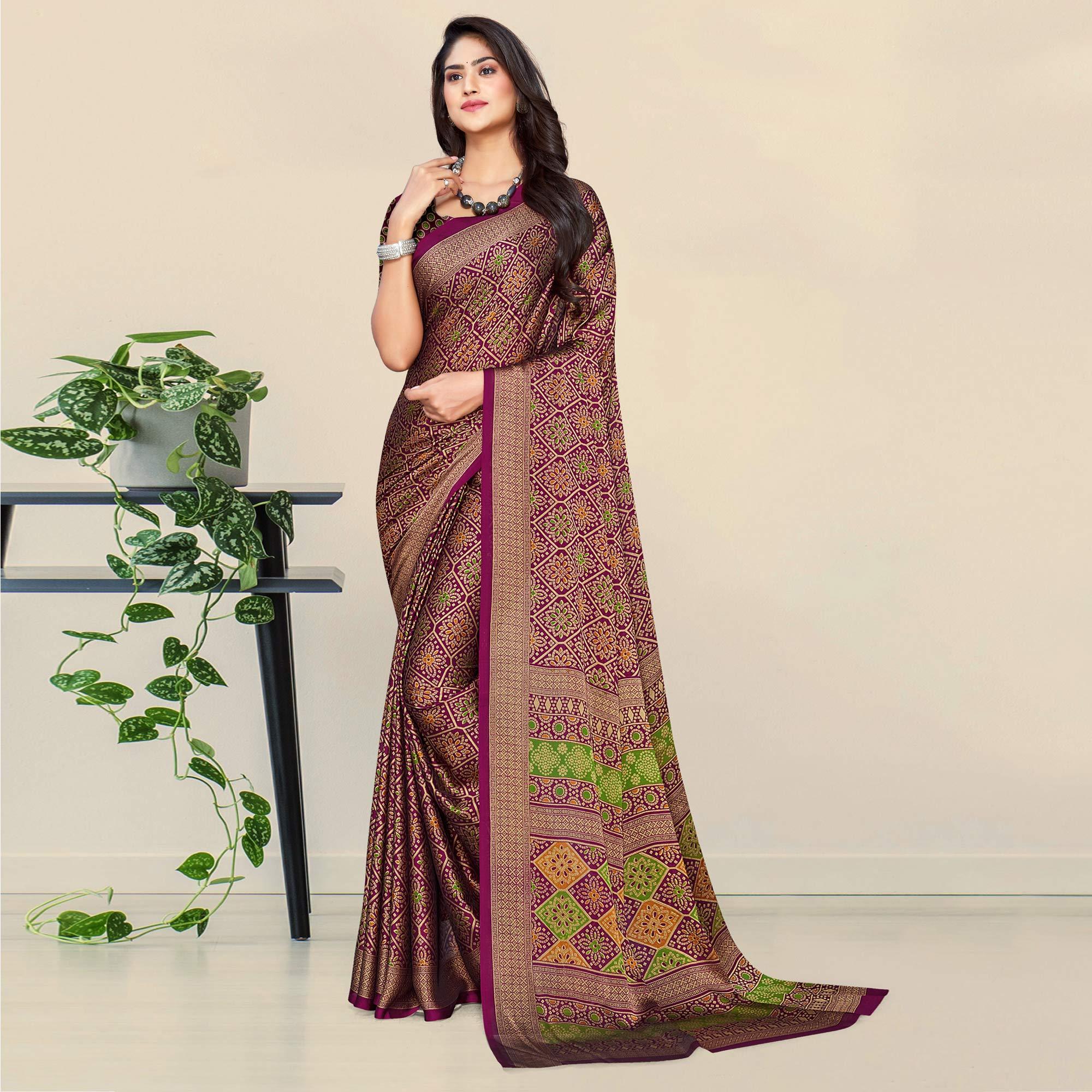 Wine Bandhani Printed Chiffon Saree - Peachmode