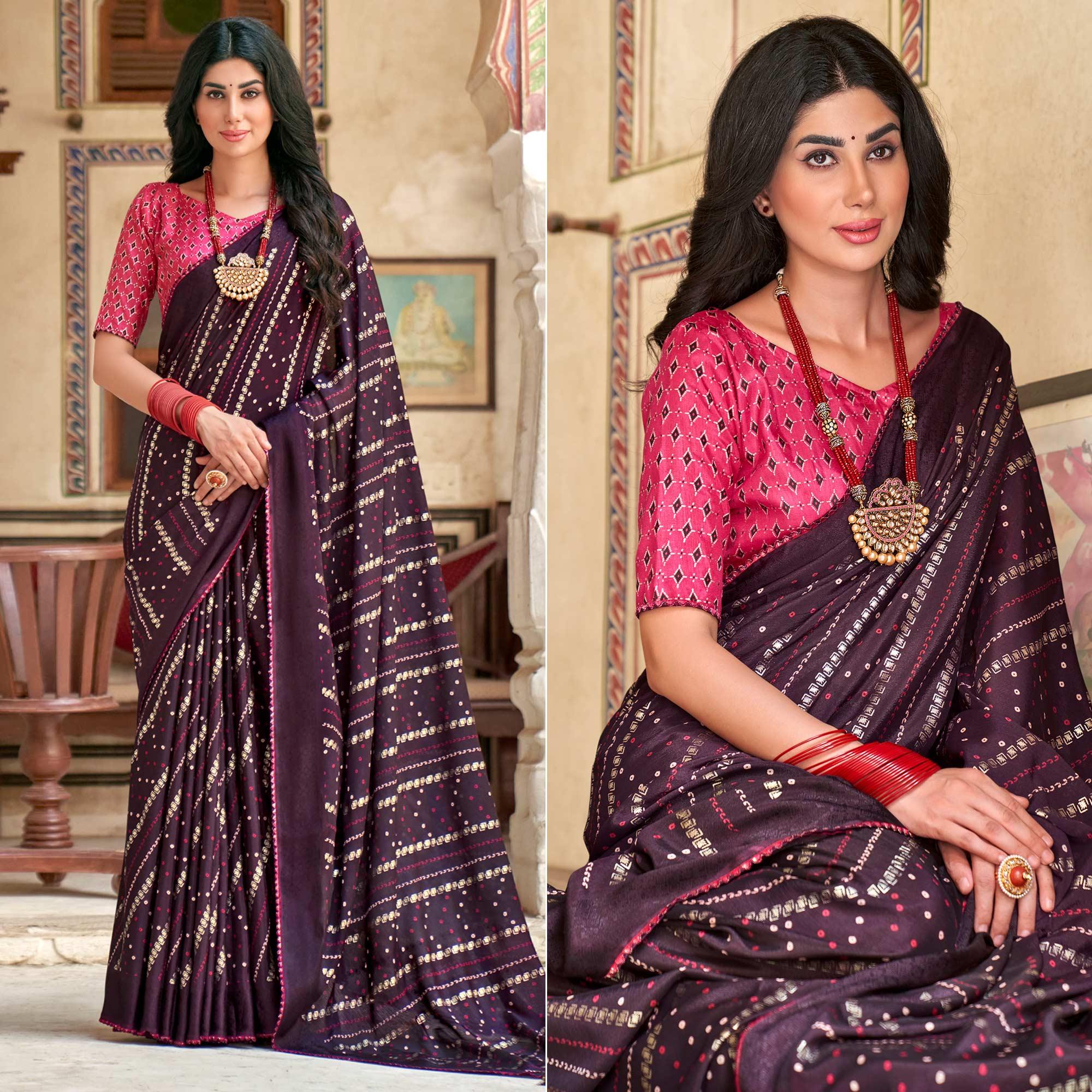 Wine Bandhani Printed Chiffon Saree With Tassels - Peachmode