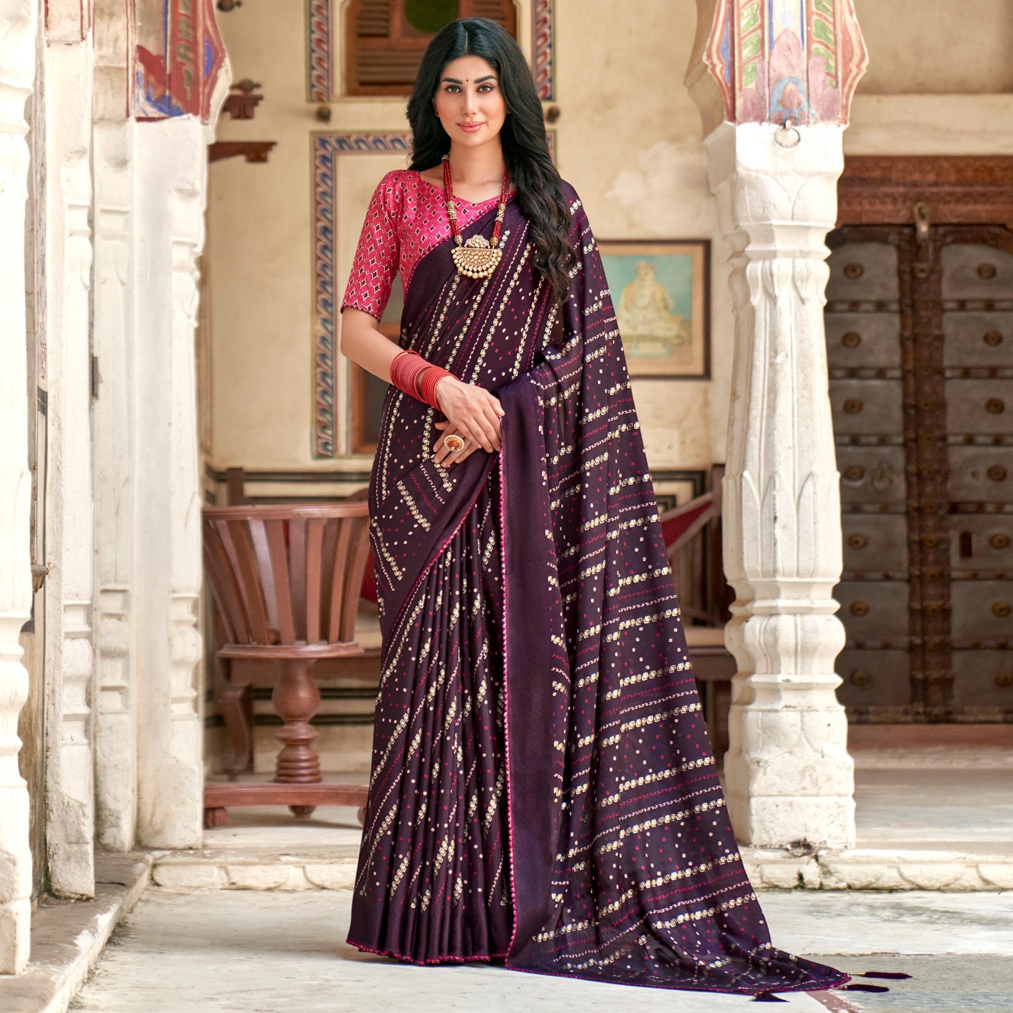 Wine Bandhani Printed Chiffon Saree With Tassels - Peachmode