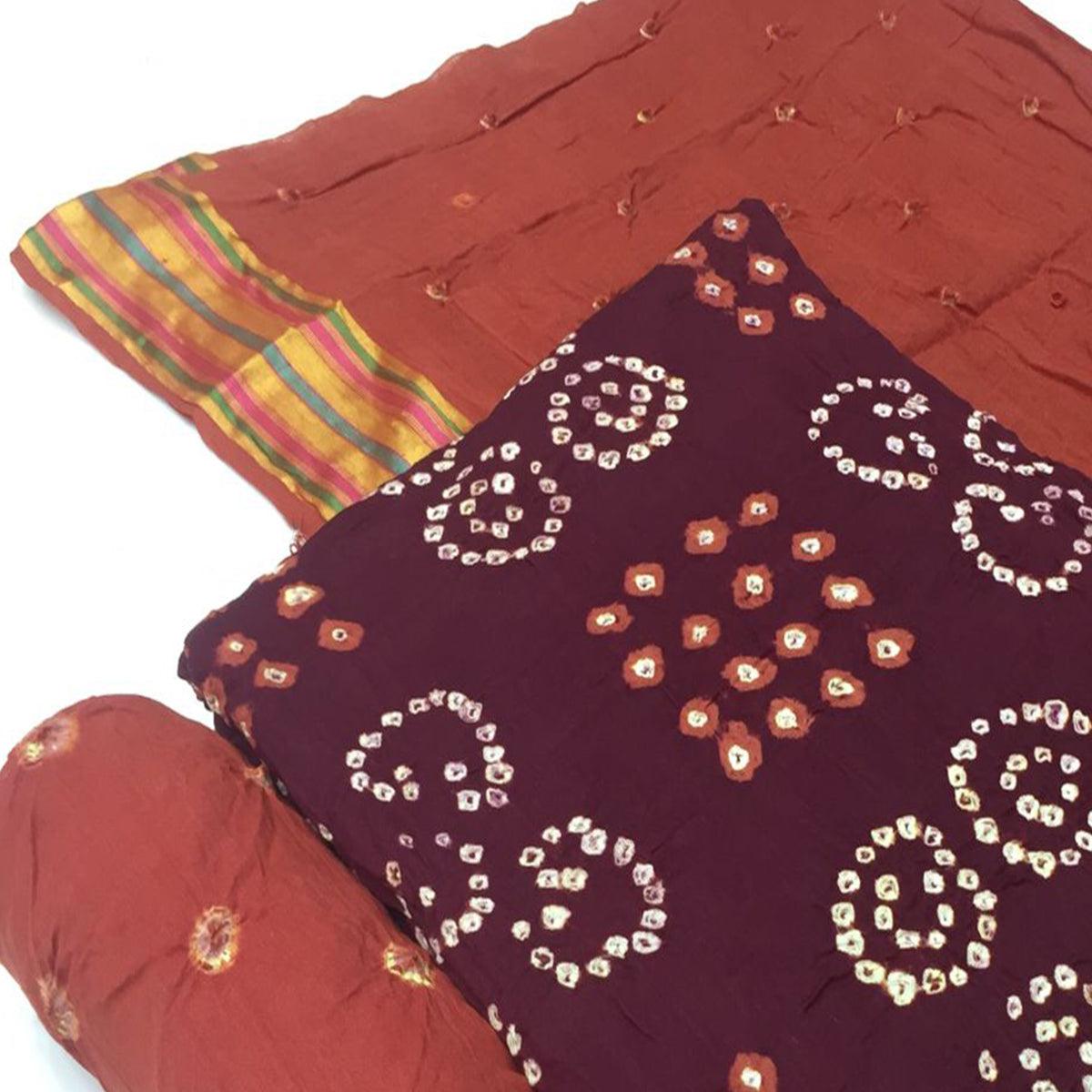 Wine Bandhani Printed Pure Cotton Dress Material - Peachmode