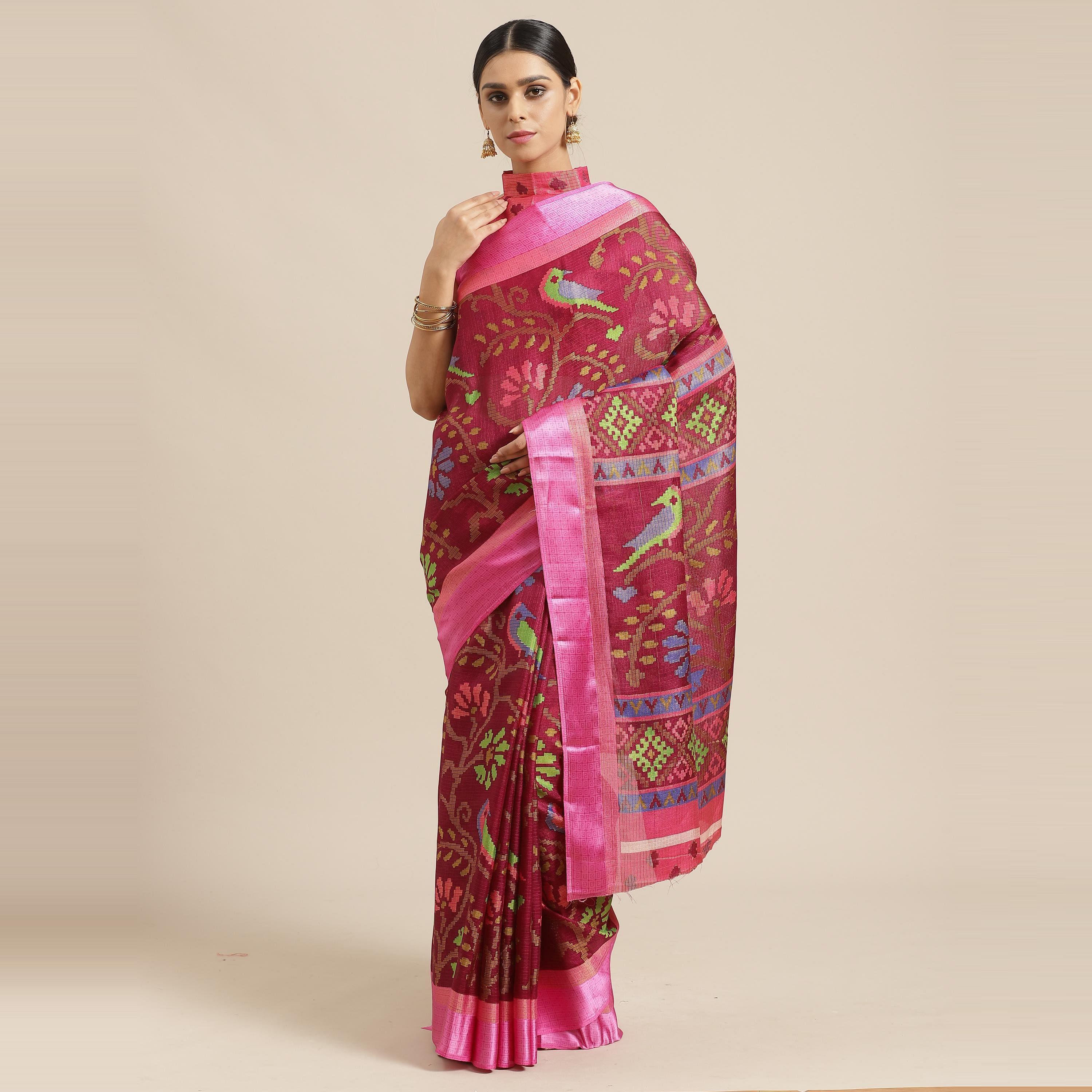 Wine Casual Brasso Printed Saree With Unstitched Blouse - Peachmode