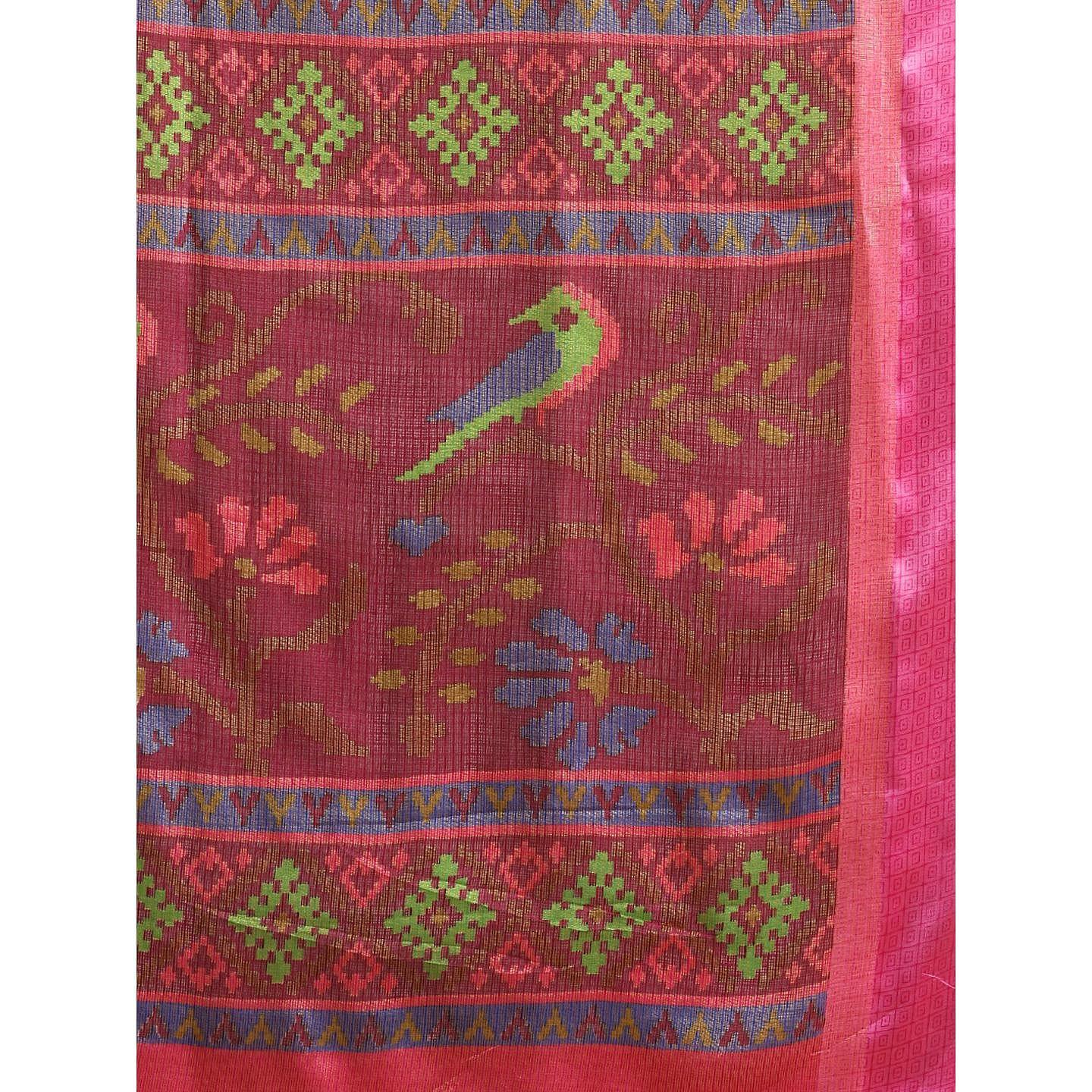 Wine Casual Brasso Printed Saree With Unstitched Blouse - Peachmode