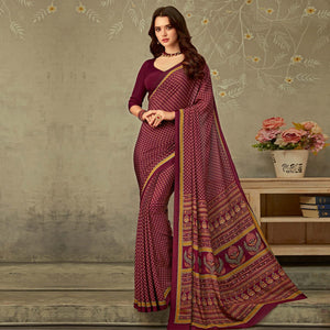 Wine Casual Printed Crepe Saree - Peachmode
